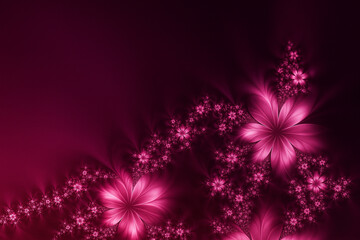 AI generated floral fractal art featuring glowing purple and pink petals forming layered blooming patterns with a dreamy luxurious mood and soft radiant light blending into a deep magenta background