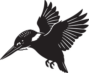 Black and white graphic silhouette of a kingfisher bird in flight, diving down with wings spread, representing wildlife, nature, and avian speed or swiftness.