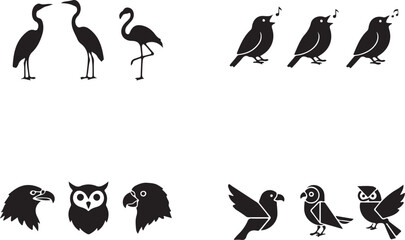 Bird Silhouette Icon Set Elegant Flamingos, Songbirds, Minimal Heads, and Geometric Styles for various design projects
