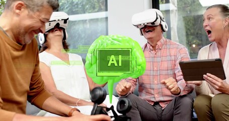 Four friends putting on headsets, steering controllers on sofa, exploring AI-guided VR demo