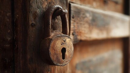 Close up of an old rusty padlock on a wooden door.