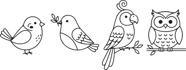 Cute Outline Cartoon Birds Vector Set Simple Line Art of a Sparrow, Dove, Parrot, and Owl.