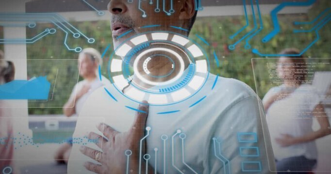 Mature man placing hand on chest, breathing on guide cue, HUD animating over chest for wellness