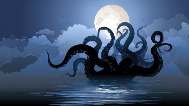 Tentacle Silhouette Rises From Moonlit Waves in an Ethereal Night Scene