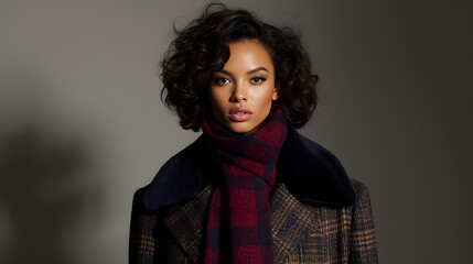 Portrait of a woman with curly hair wearing a plaid coat and scarf, looking directly at the camera.