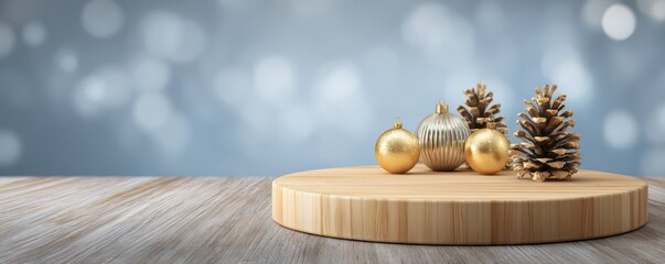 Wooden round podium with christmas decorations and pine cones for festive display design
