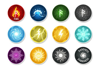 Elemental Magic A Collection of Fantasy Icons Representing Fire, Water, and Nature