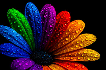 AI generated vibrant macro petals with rainbow colors and sparkling dew drops on a dark background creating a fresh glowing and modern abstract floral mood with high contrast and vivid visual energy