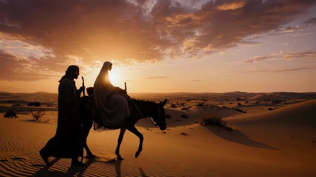 Journey Through the Desert: Joseph, Mary, and the Donkey at Sunset
