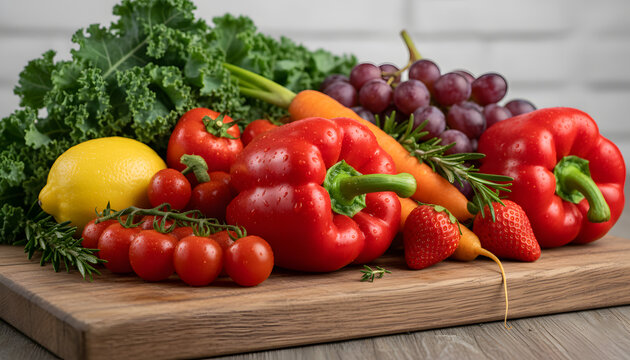 Vibrant Fresh Produce on a Wooden Cutting Board - Powered by Adobe
