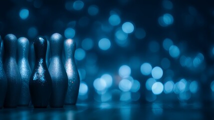 Bowling pins arranged in a row with a blurred blue bokeh background. The scene captures a festive atmosphere suitable for Christmas events. copy space