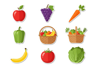 Fresh Produce Stickers Colorful Apple, Grapes, Carrot, Pepper, Tomato and Baskets Vector Set