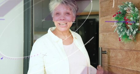 Mature woman peeking opening stepping waving greeting guest with holiday wreath animated swirls - Powered by Adobe