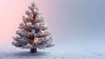 A snow-covered Christmas tree adorned with white ornaments and warm glowing lights, set against a soft pastel background.