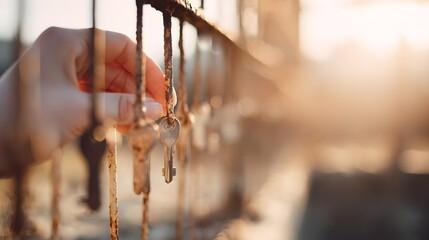 Close-up of a hand touching a metal fence with warm sunlight in the background.