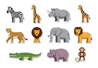 Naklejka premium African Wildlife Cartoon Animals Sticker Set Zebra, Giraffe, Lion, Elephant & More