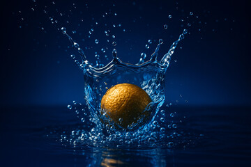 AI generated high speed water splash featuring a golden object creating a dynamic crown like burst with flying droplets deep blue tones expressing freshness motion clarity and vibrant energy suitable