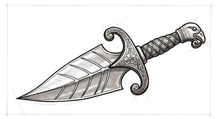 A handcrafted vintage blade dagger, rendered in a detailed flat 2D sketch illustration style, stands isolated on a clean white background, emphasizing its historical antique craftsmanship.