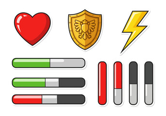 Game Elements Heart, Shield, Lightning, and Progress Bars
