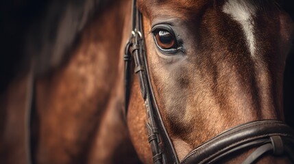 Close-up of a majestic brown horse with a bridle, showcasing its beautiful eye and coat.