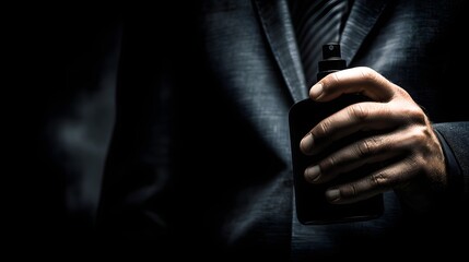 Close-up of a man in a dark suit adjusting his tie, with dramatic lighting.