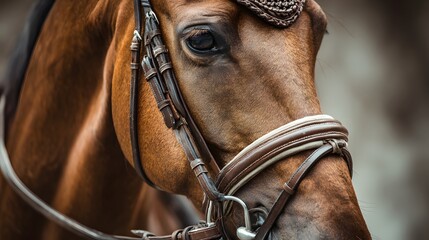 Close-up of a majestic brown horses head with intricate bridle details, showcasing its powerful and elegant features.