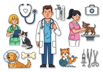 Fototapeta premium Veterinary Care Team with Adorable Pets An Illustrative Medical Service
