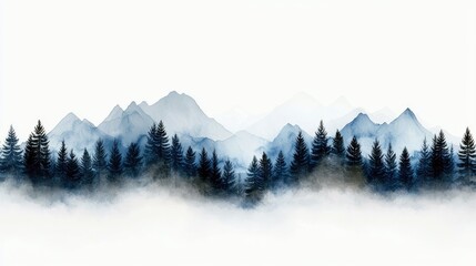A serene watercolor landscape featuring a dense line of dark pine trees in the foreground, with layers of misty blue mountains receding into the background unde