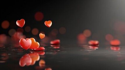 Soft Red Hearts Float Gracefully Across a Glossy Dark Surface, Creating a Romantic and Minimalistic Atmosphere for Love