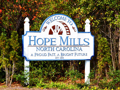 Welcome to Hope Mills sign, Cumberland County, North Carolina, USA