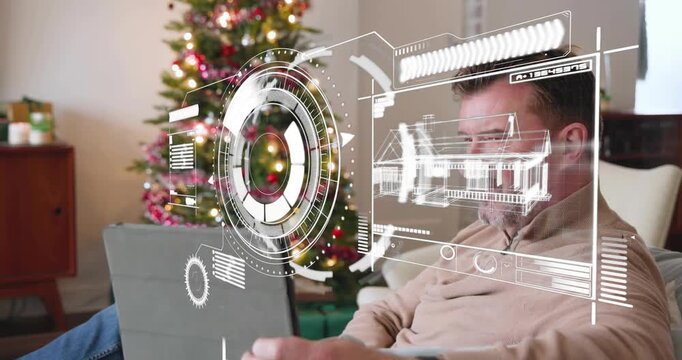 Mature man looking at tablet, initiating AR HUD, gesturing, rotating house model, reviewing design