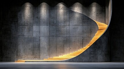 A contemporary, curved wooden staircase ascends against a textured concrete wall, illuminated by dramatic overhead spotlights, creating a sense of modern archit