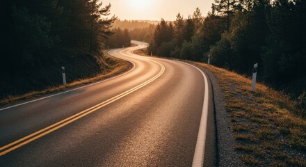Winding road through sunlit forest landscape. Golden light bathes the asphalt