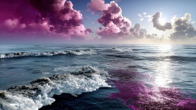 A dramatic seascape with rolling ocean waves and a patch of vibrant purple water, under a sky filled with colorful clouds at sunset.