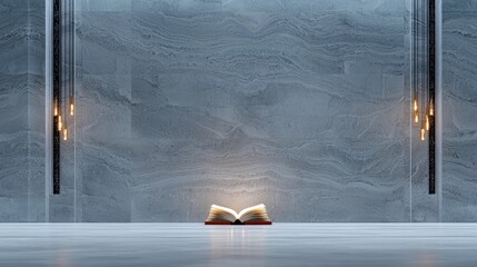 An open book glows with light on a polished marble floor, set against a textured marble wall. Modern pendant lights hang on either side, creating a dramatic and
