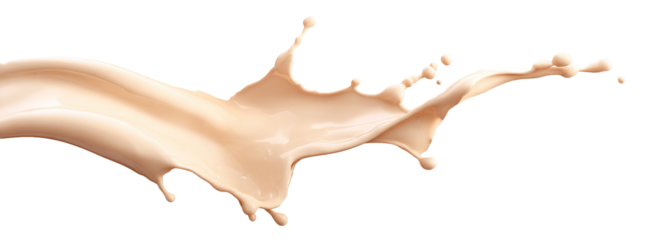 Pale light brown creamy liquid splash isolated PNG cutout, transparent background. Dynamic milky pastel color spill presentation for drink or cosmetic cream