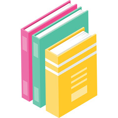 Three colorful books pink teal and yellow standing on a white background with a transparent background illustration in a flat design isometric perspective