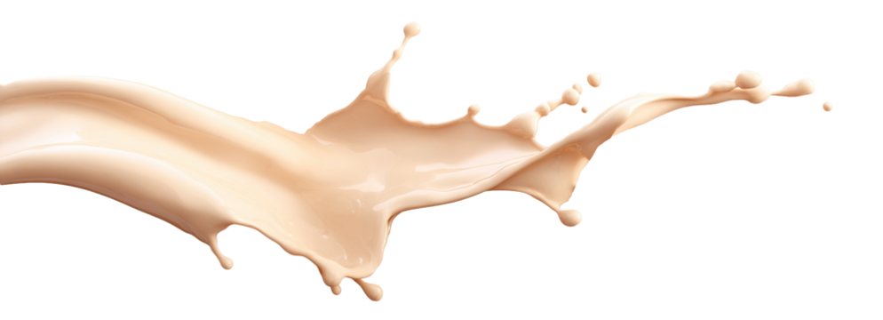 Pale light brown creamy liquid splash isolated PNG cutout, transparent background. Dynamic milky pastel color spill presentation for drink or cosmetic cream