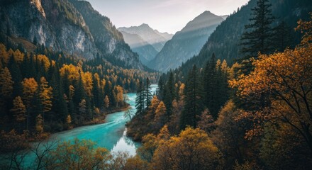Aerial view of a turquoise river winding through autumn mountains