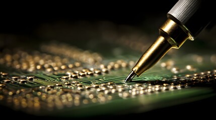 Close-up of a soldering iron tip working on a green circuit board with golden components, highlighting precision electronics assembly.