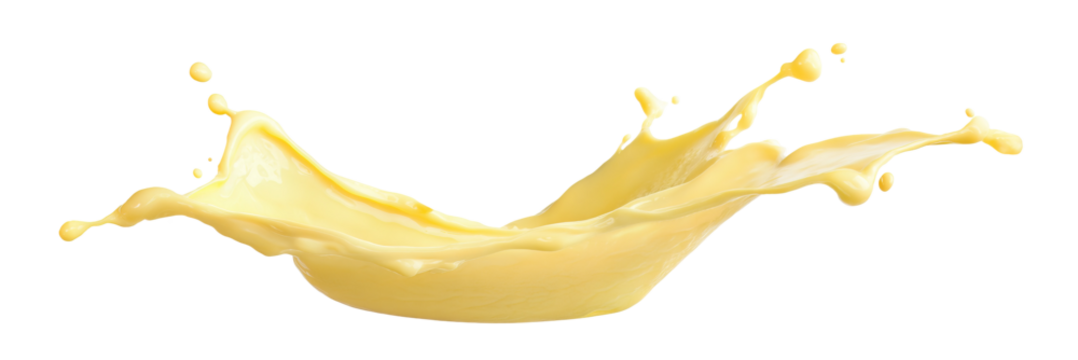 Pale light banana yellow creamy liquid splash isolated PNG cutout, transparent background. Dynamic milky pastel color spill presentation for drink or cosmetic care cream