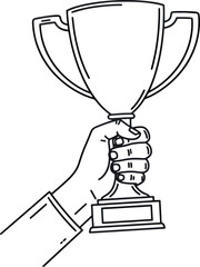 Line Drawing Hand Holding Trophy Award in Black and White Minimalist Style