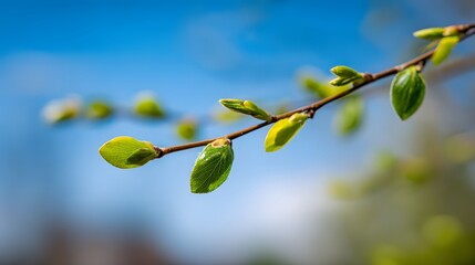 Close-up of fresh green leaves budding on a tree branch against a vibrant blue sky in spring.