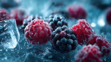 Close-up of Fresh Raspberries and Blackberries with Ice Cubes and Water Droplets.