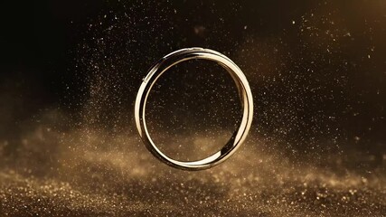 Golden wedding ring rising from swirling gold dust particles and rotating, marriage magic concept - Powered by Adobe