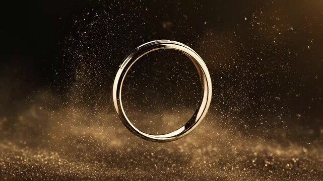 Golden wedding ring rising from swirling gold dust particles and rotating, marriage magic concept