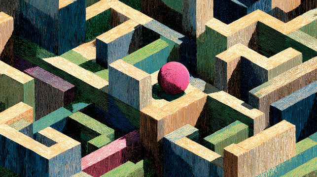 Generative AI abstract illustration from above of wooden maze with colorful narrow paths with pink ball