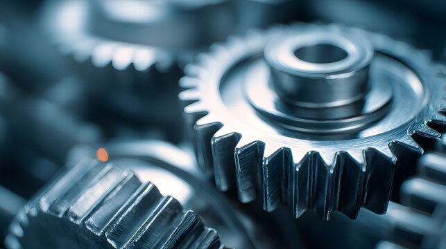 Close-up of industrial metal gears and cogs in a mechanical system.