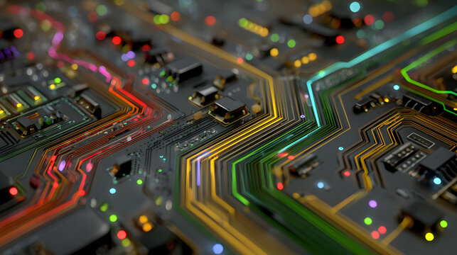 Generative AI abstract illustration of high angle of colorful circuit with narrow paths