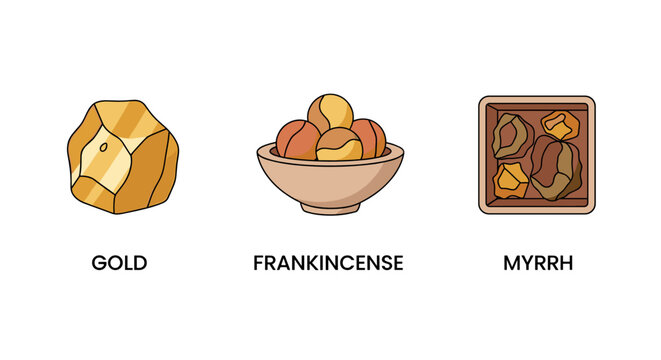 Set of icons representing Gold Frankincense Myrrh gifts for Epiphany and Christian education